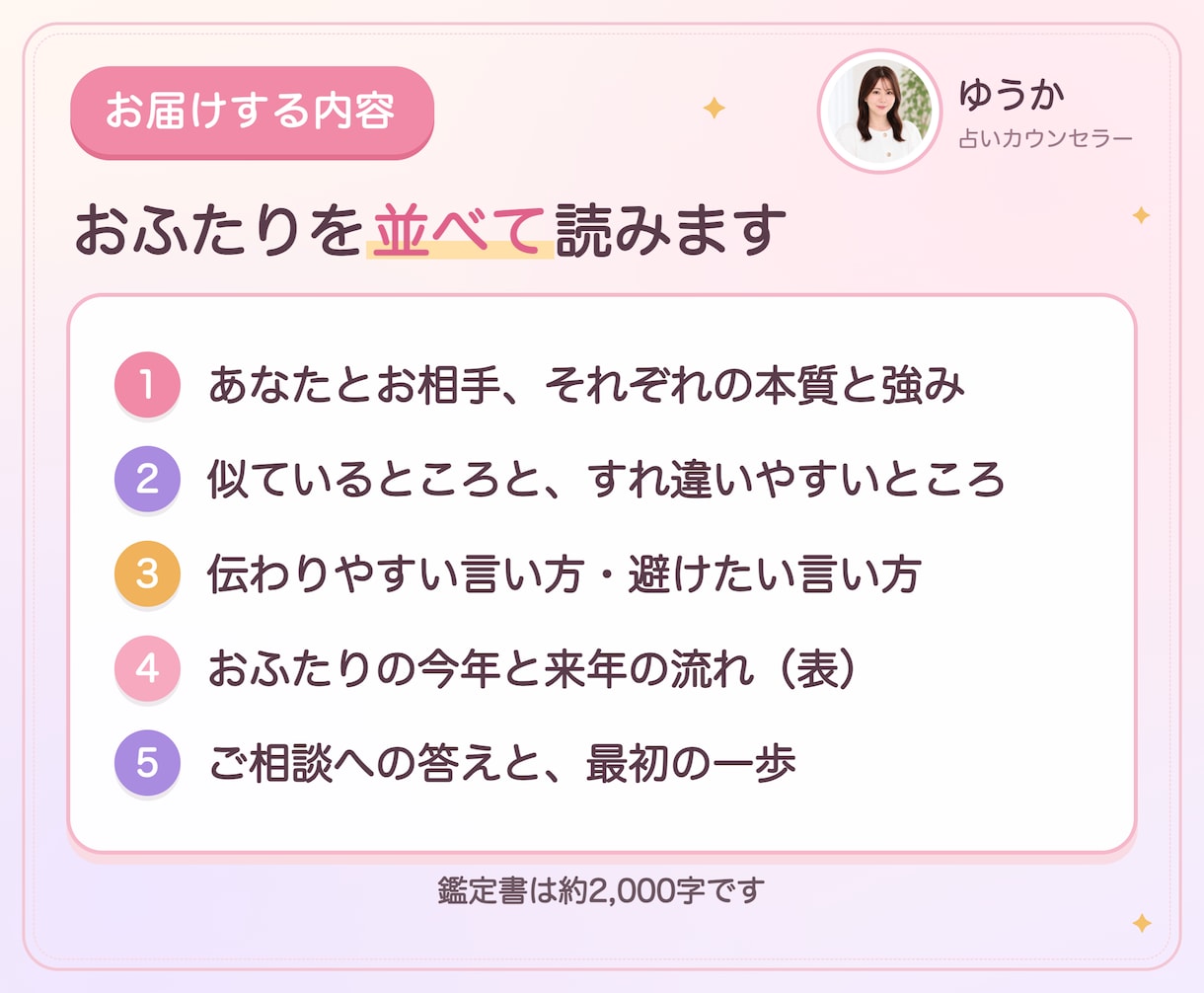 夫婦占い｜相性とすれ違いの理由、伝え方を読みます 生年月日でおふたりの本質を並べ、伝わる言い方まで書きます イメージ4