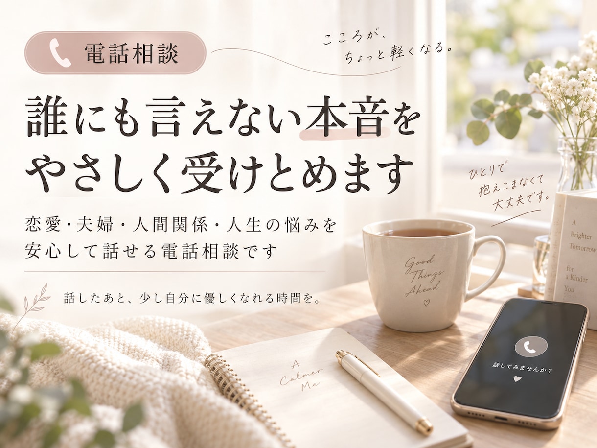 誰にも言えない本音をやさしく受けとめます 恋愛・夫婦・人生の本音を安心して話せる電話相談です イメージ1