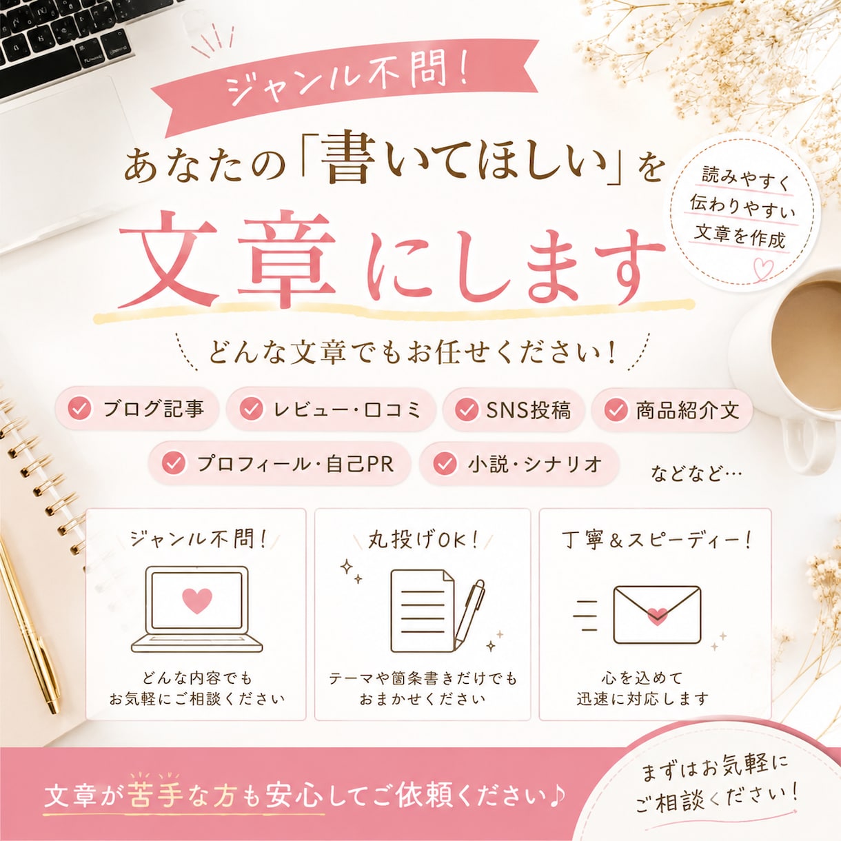 ジャンル不問あなたの『書いてほしい』を文章にします ブログ・レビュー・SNS・小説まで！幅広く文章を作成します イメージ1