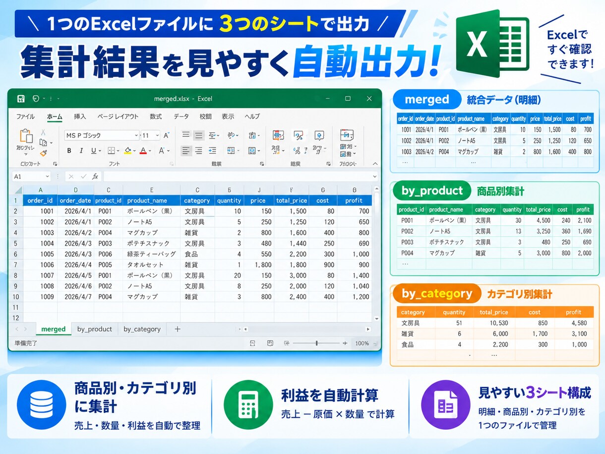 CSV統合ツール｜自動統合でExcel出力します CSVを入れるだけでExcelに自動集計 イメージ2