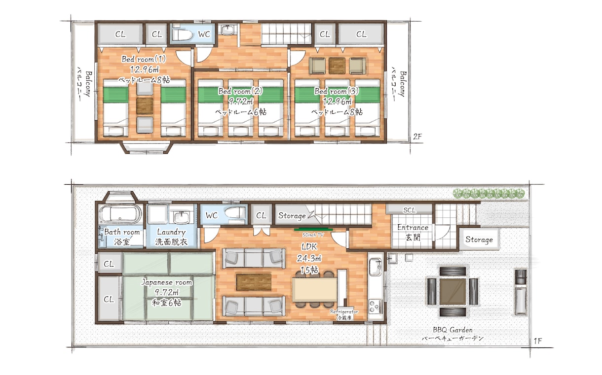 手書きタッチの戸建・マンション間取り図を作成します 企業や個人、インバウンド向けの水彩画タッチ風間取り図を作成！ イメージ4