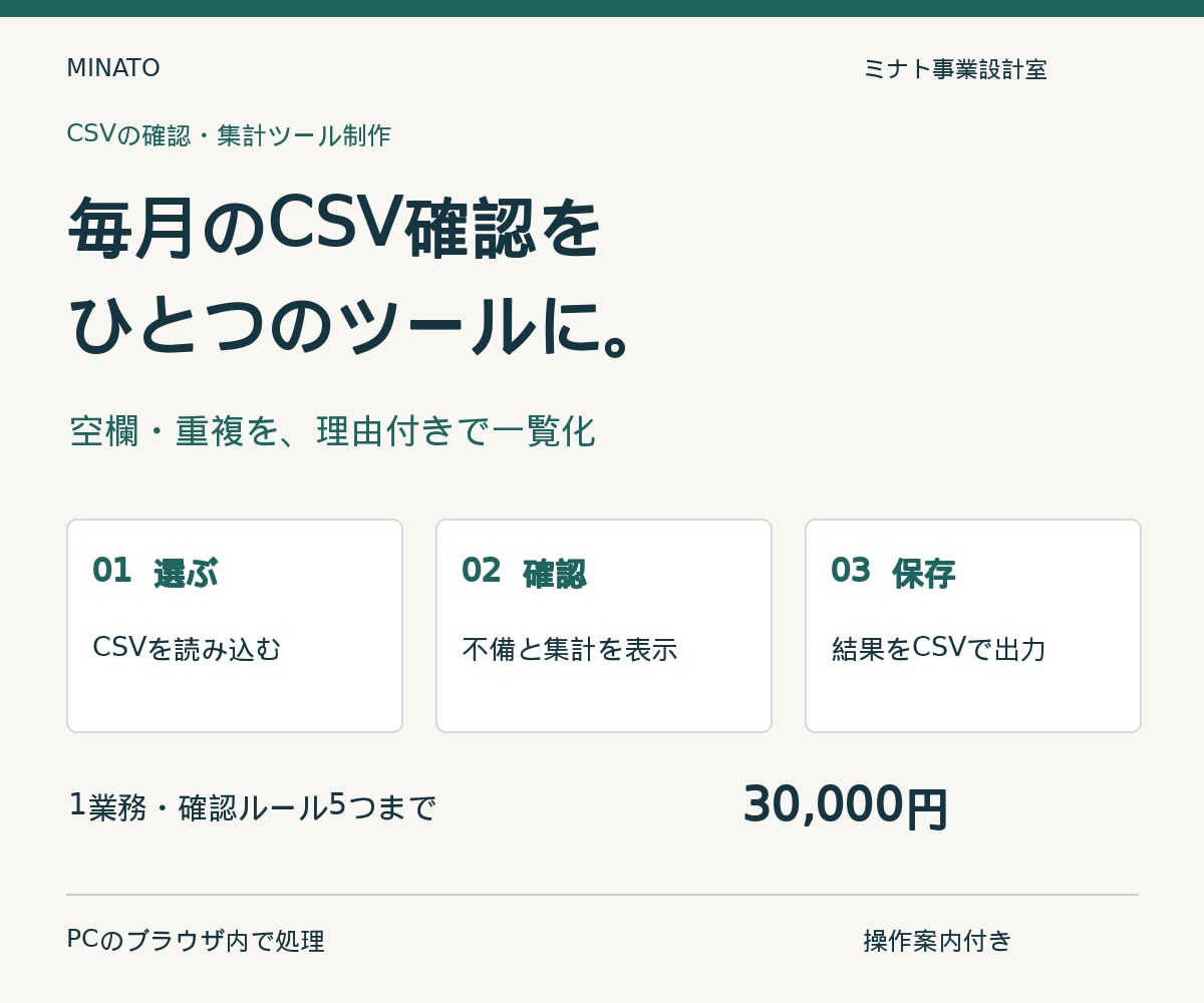 CSVの確認と集計を自動化するツールを制作します 確認・集計・結果保存まで。翌月も使えるツールを納品 イメージ1