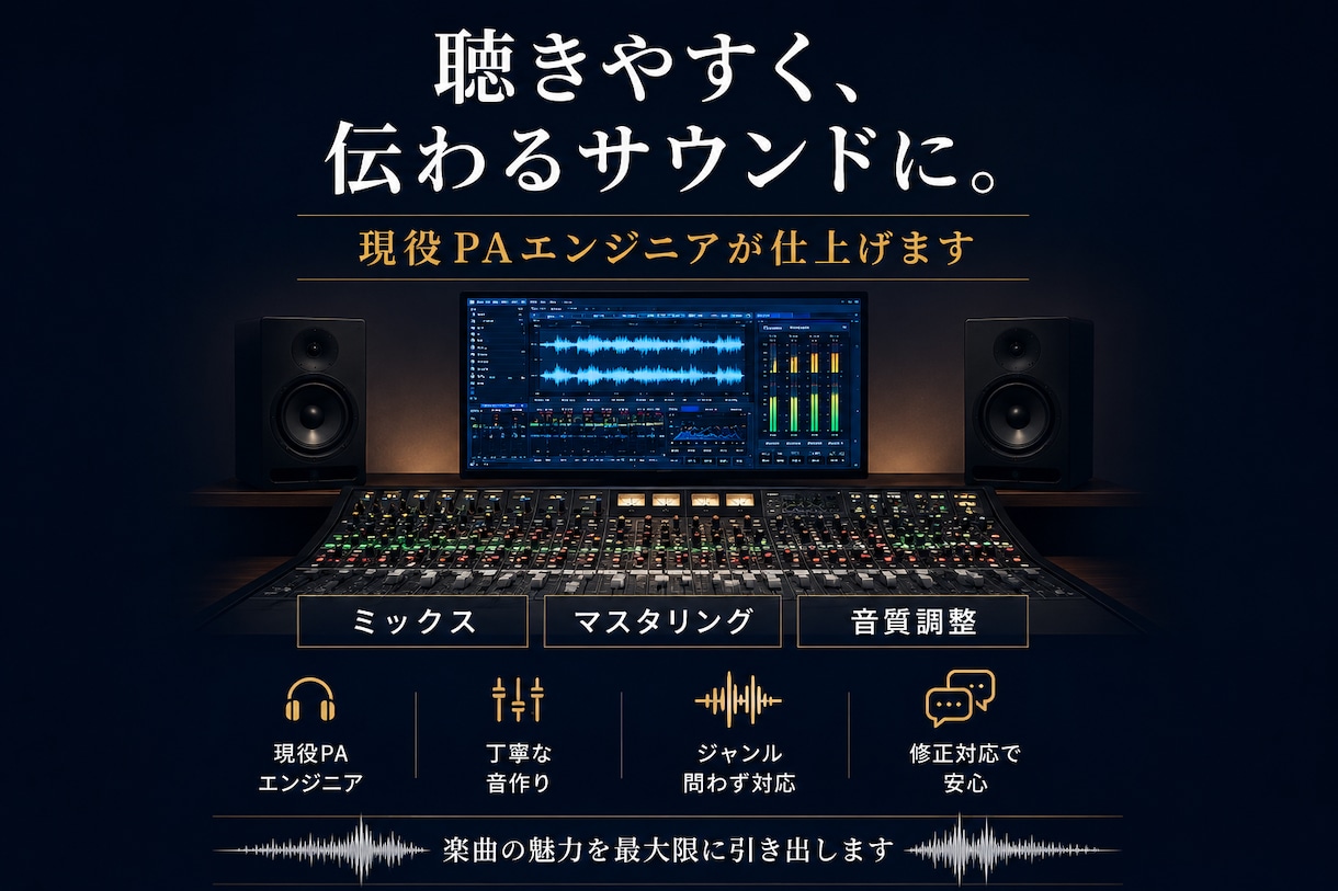ミキシング・マスタリング安くやります 現役PAエンジニアが、聴きやすく伝わるサウンドに仕上げます。 イメージ1