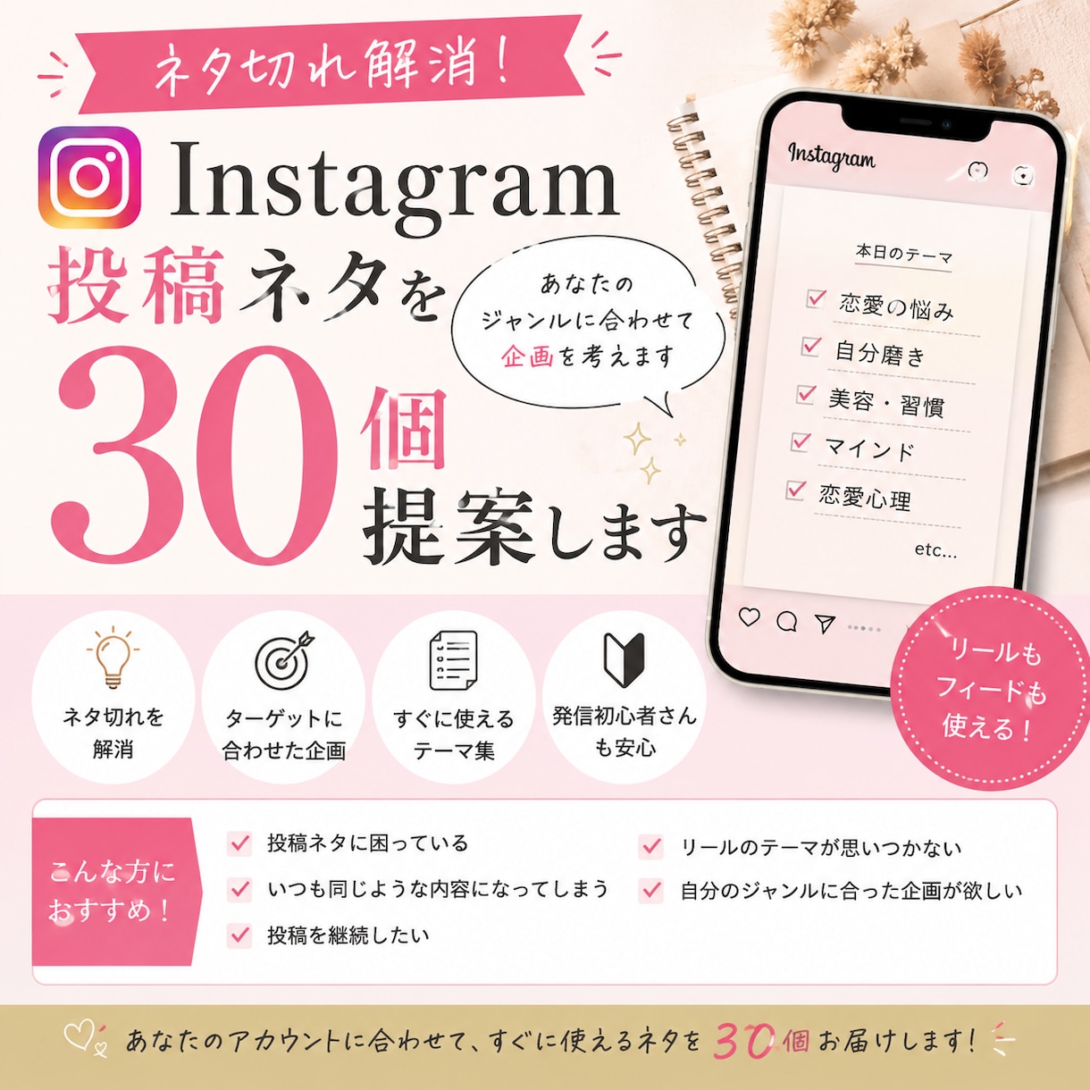 Instagramの投稿ネタを30個提案します ネタ切れ解消！あなたのジャンルに合わせて企画を考えます イメージ1