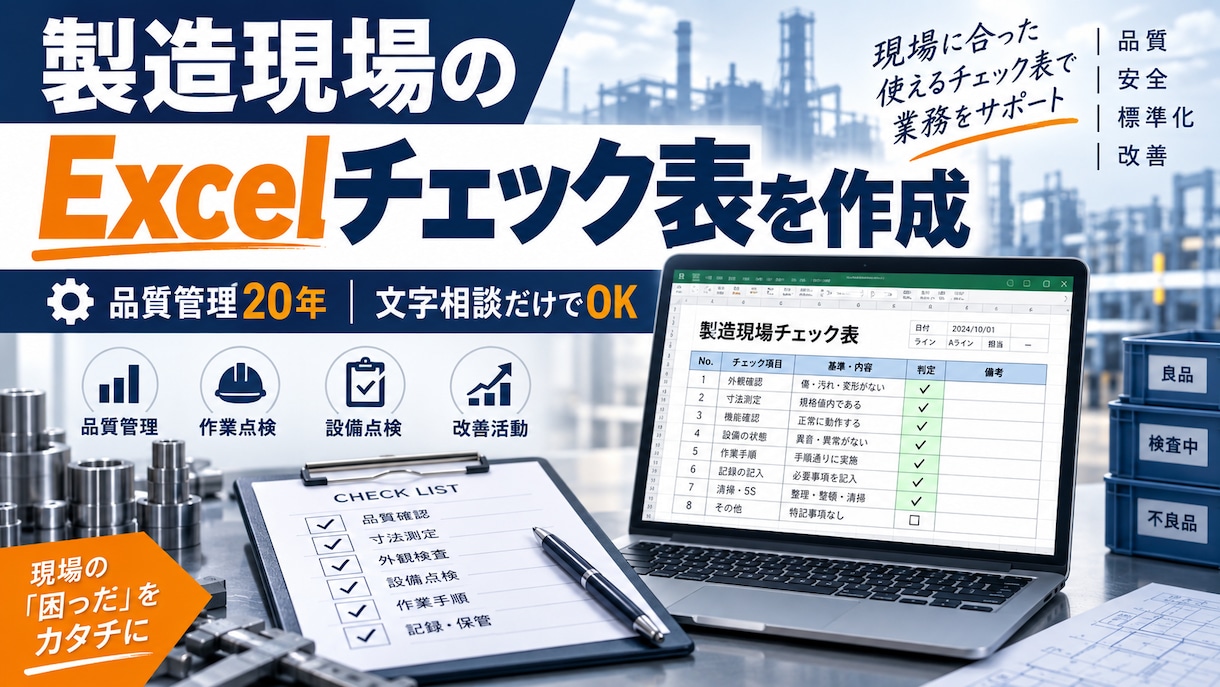製造現場向けExcelチェック表を作成します 品質管理20年の経験で使いやすく整えます イメージ1