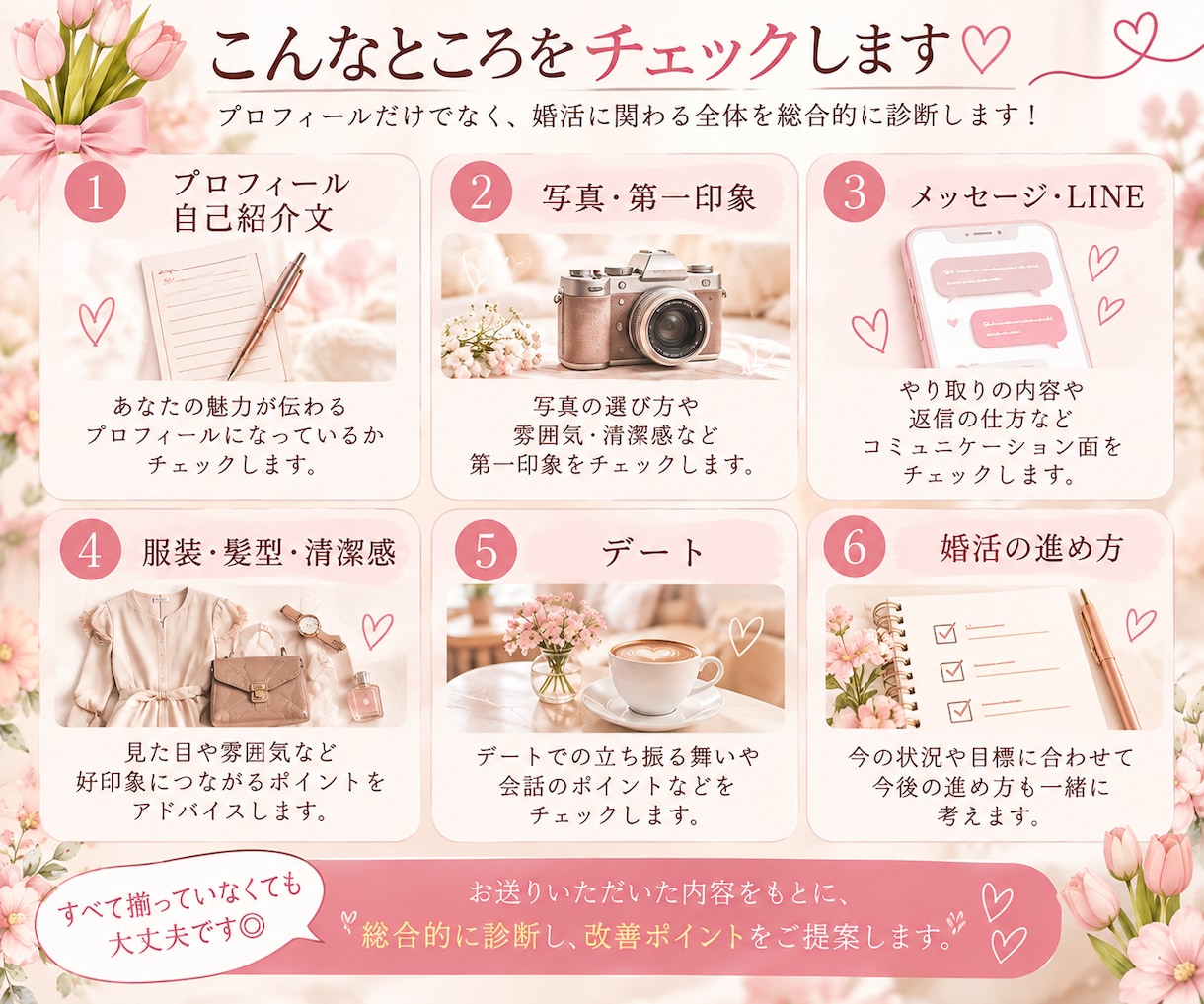 あなたの婚活丸ごと診断します プロフィール・写真・やり取り・自分磨きを総合チェック♡ イメージ2