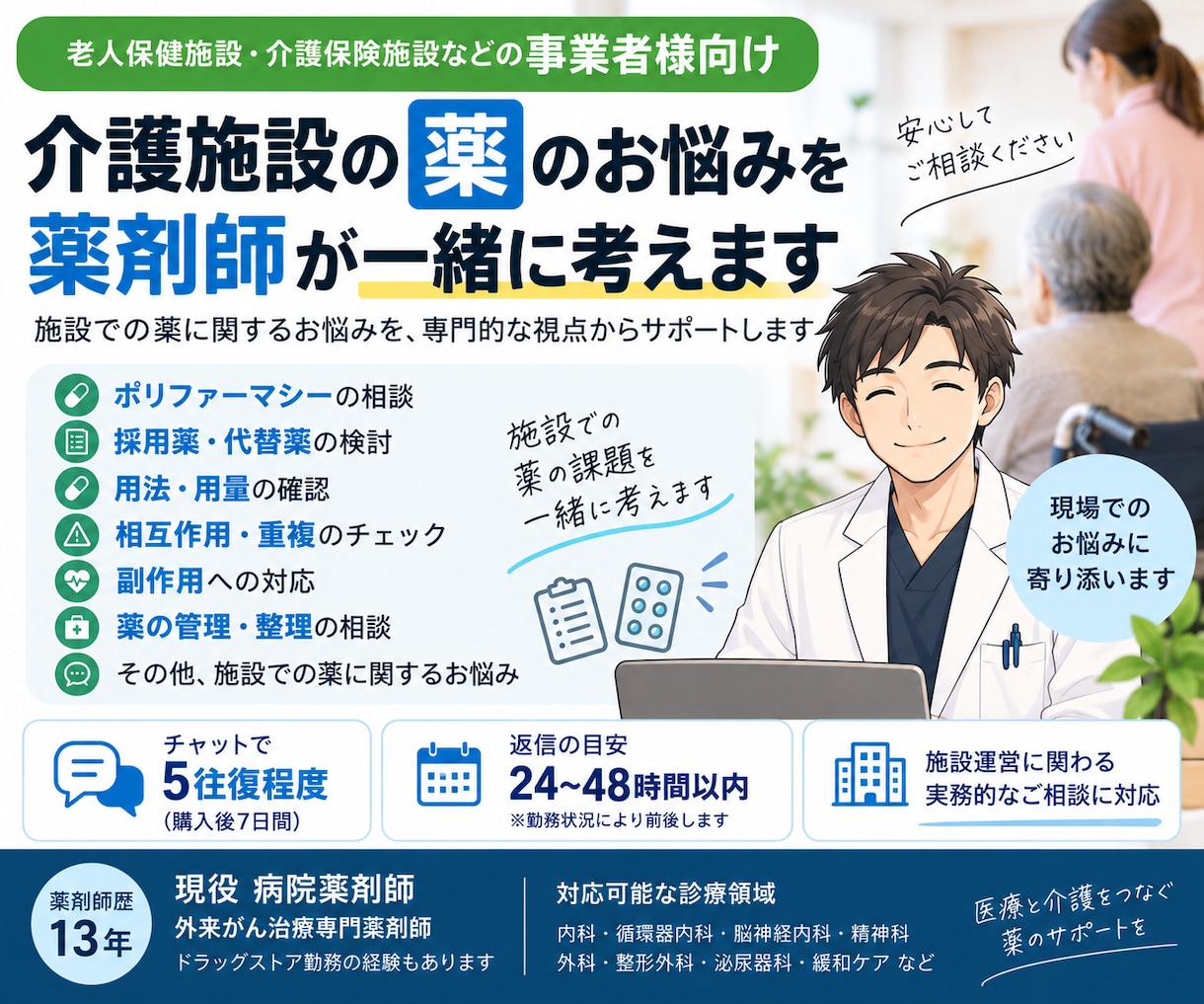 介護施設の薬のお悩みを薬剤師がサポートします ポリファーマシー・採用薬・代替薬など幅広く相談 イメージ1