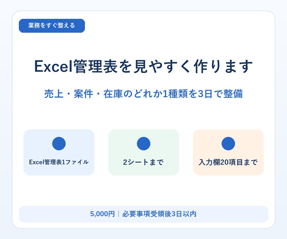 Excel管理表を見やすく作ります 売上・案件・在庫のどれか1種類を3日で整備 イメージ1