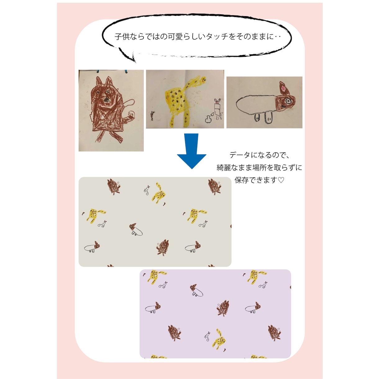 手描きの絵やロゴをオリジナルのデータにします 残しておきたい手描きの絵やロゴをデータとして作成します。 イメージ3