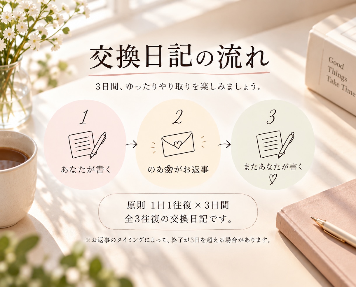 言いたいことなんでも！3日間交換日記でお聴きします 自分のペースでゆったり。ふたりだけの交換日記でおしゃべり♪ イメージ4