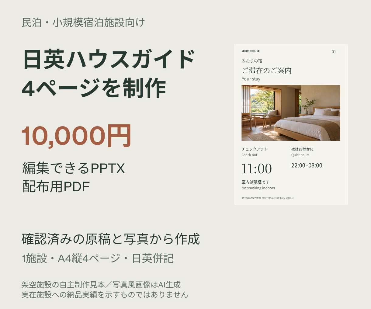 民泊の日英ハウスガイド4ページを作ります 編集できるPPTXとPDFで、施設案内を見やすく イメージ1