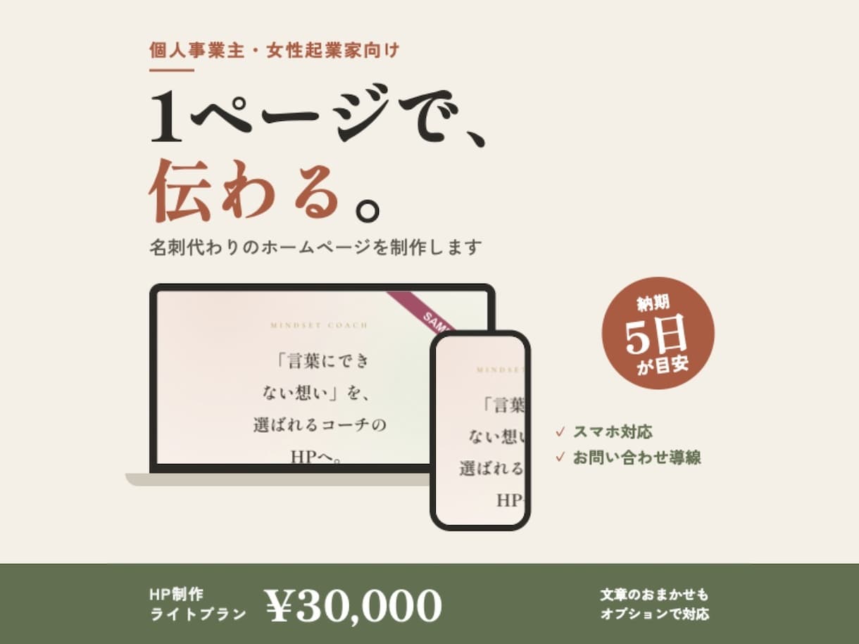 個人事業主の1ページHPを5日で制作します 女性起業家の名刺代わりに。ヒアリングだけでOK イメージ1