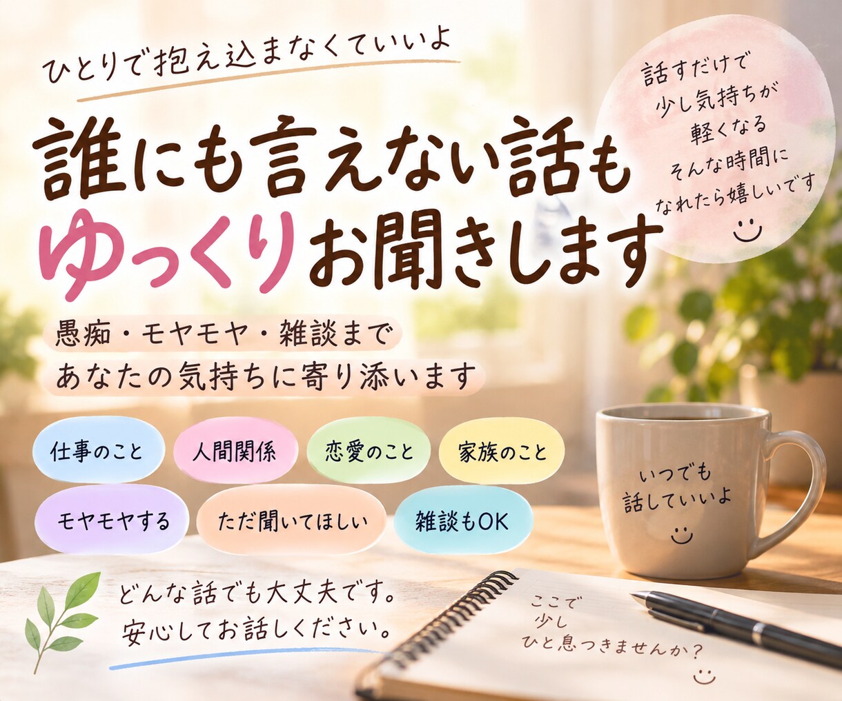 気持ちに寄り添いゆっくりお話を聞きます 誰にも言えないことも否定せず丁寧にお聞きします イメージ1