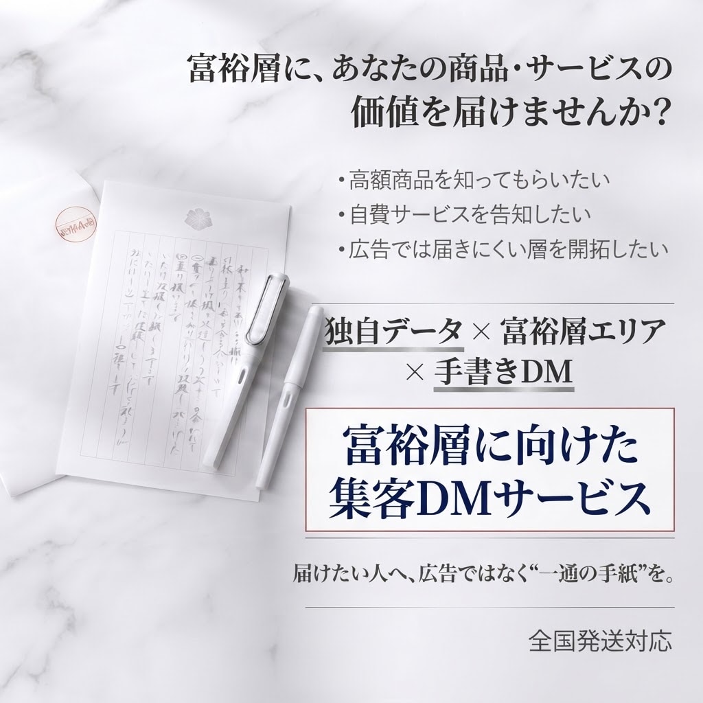 富裕層に向けて「手書きDM」で営業活動できます 富裕層データ選定・提供 × 手書き代筆 × 封書発送 イメージ1