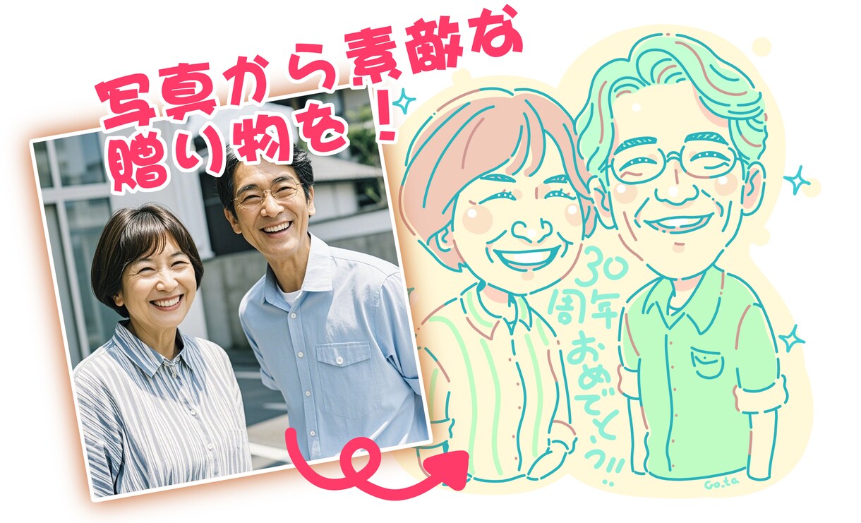 お洒落で温かいニューレトロ似顔絵イラスト描きます バラバラの写真も一枚絵に！雑貨のようなお洒落なギフト似顔絵 イメージ2