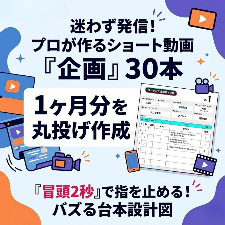 迷わず発信｜ショート動画企画書30本作成します もうネタに悩まない。1ヶ月分まとめて作成します イメージ1