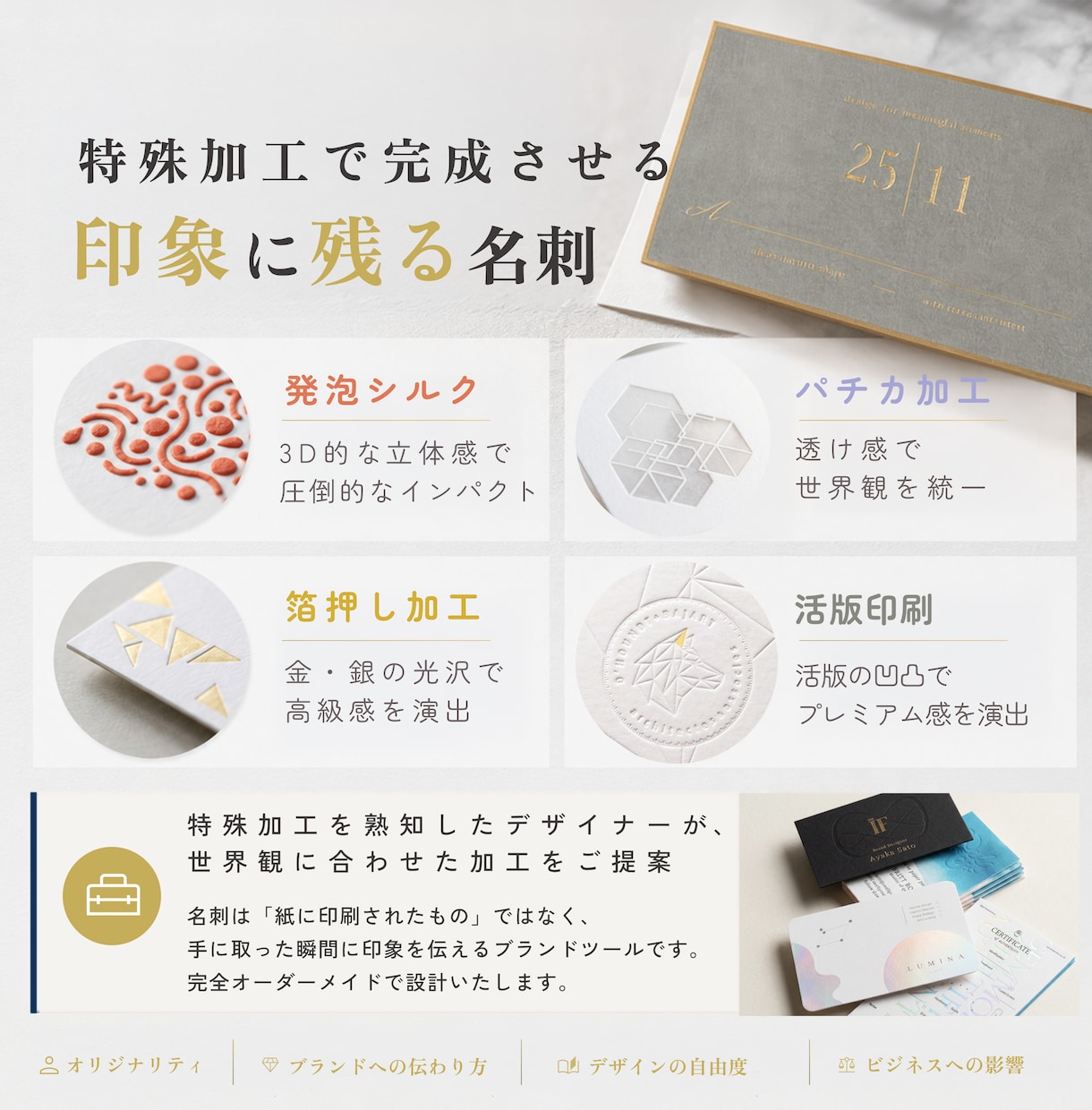 名刺デザイン｜紙・加工・印刷まで設計します 〜抽象的な言葉から、ブランドイメージを設計〜 イメージ4