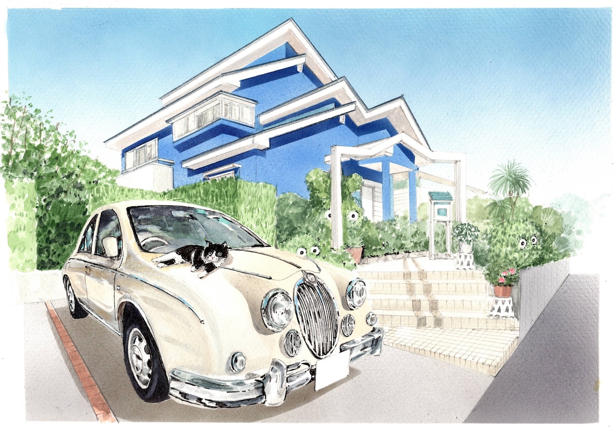 車、ペット、家をコラボします 大切な愛車とペット、家を組み合わせて描きます。 イメージ4