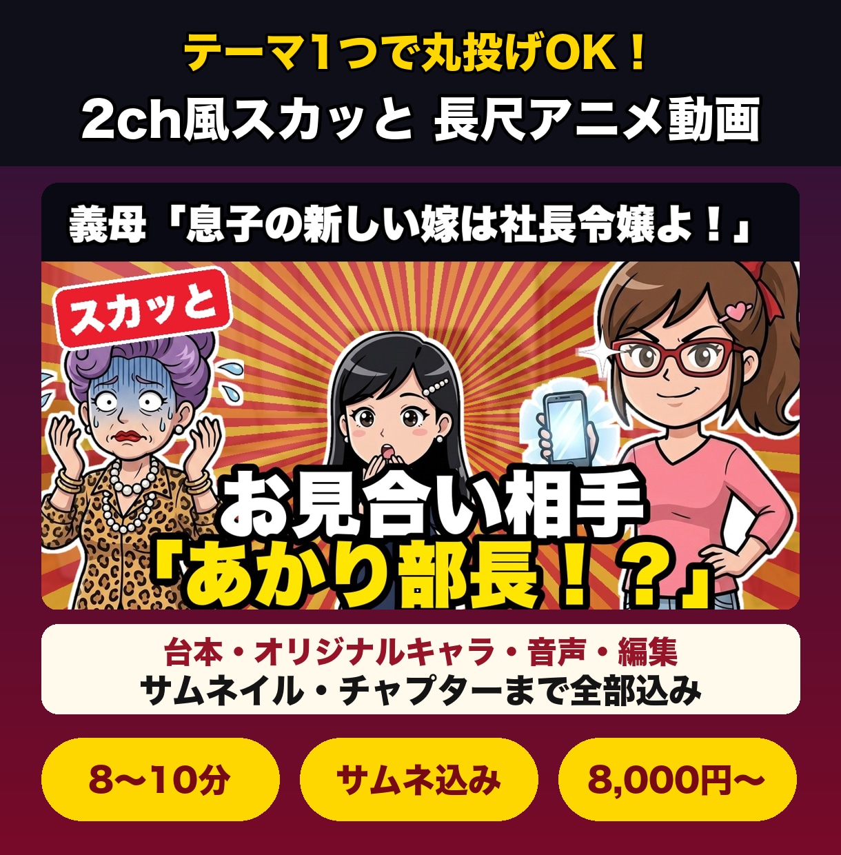 2ch風スカッと長尺アニメ動画を丸投げで作ります 台本・キャラ・声・編集・サムネまで全部込み！ イメージ1