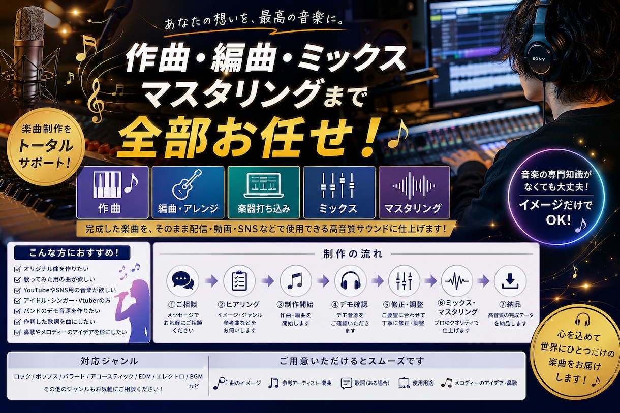 作曲・編曲・ミックス・マスタリング込みでいたします 作曲・編曲・ミックス・マスタリングまで全部お任せ！ イメージ1