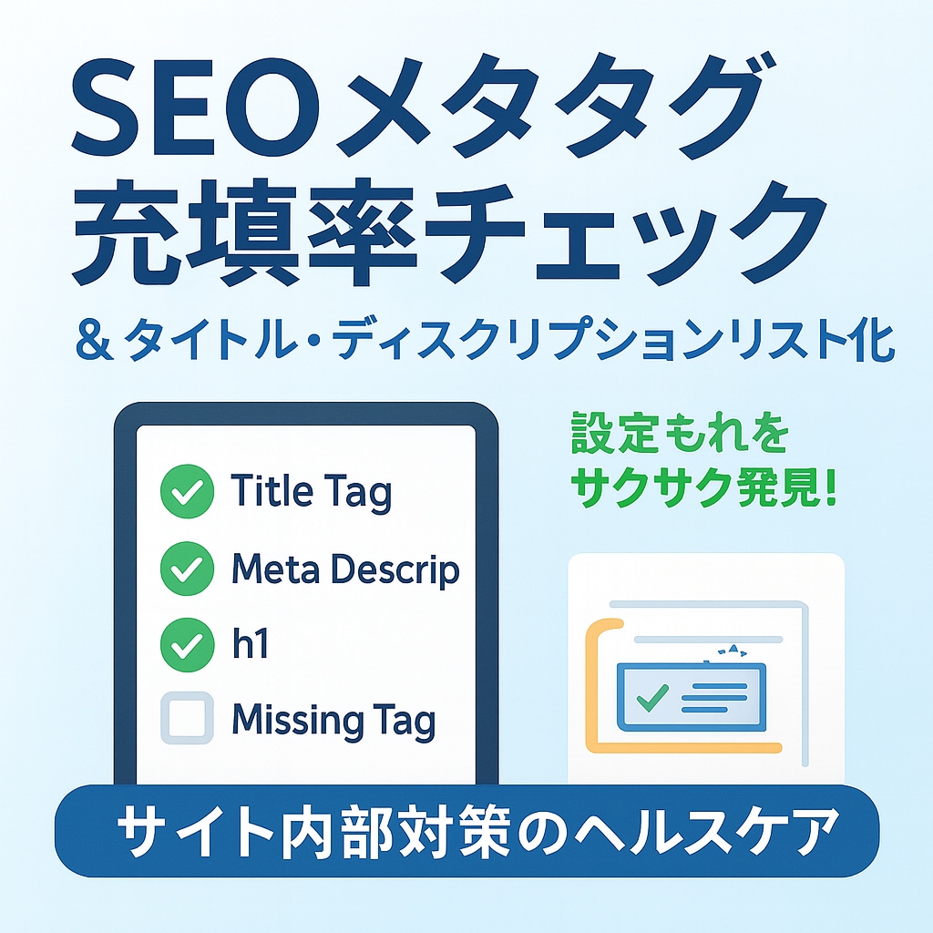 SEO用メタタグ・見出し設定を全ページ一覧化します 設定漏れや重複を一発発見!サイト内部SEOの健康診断レポート イメージ1