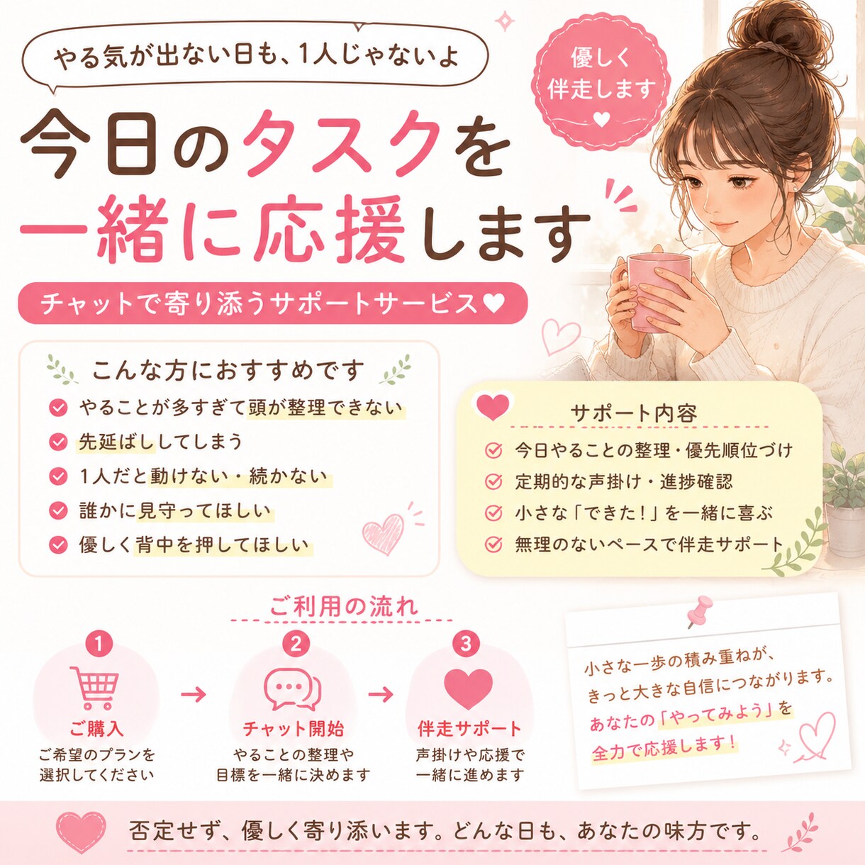 先延ばししがちなあなたを60分優しく応援します やる気が出ない日のタスクを一緒に整理・伴走します。 イメージ1