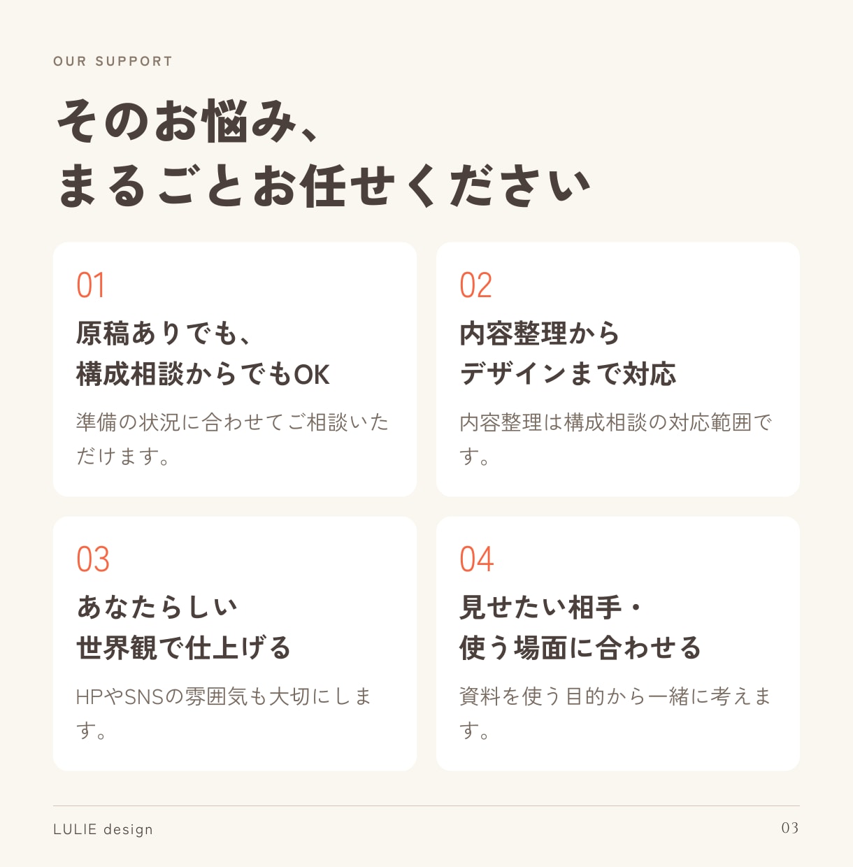 後回しの資料づくり、まるっと解決します メモや作りかけでもOK！構成からデザインまでサポートします イメージ3