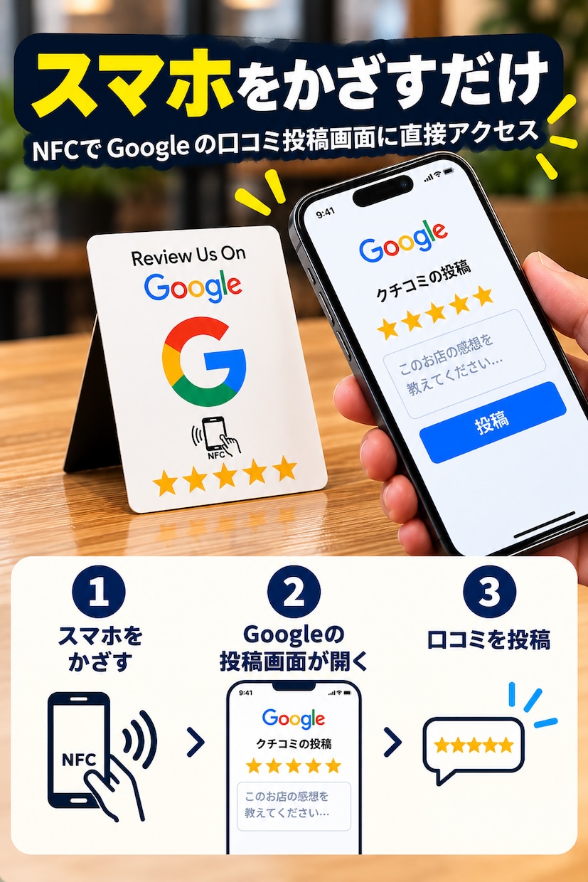 スマホをかざすだけでGoogle口コミへつなぎます 設定済みNFCカードを店舗専用にしてお届け イメージ3