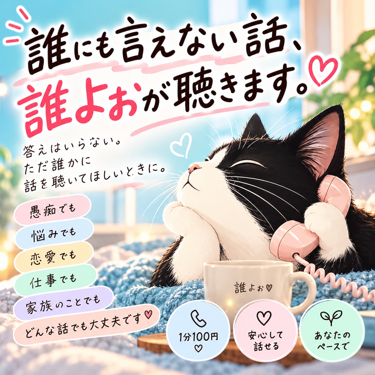 誰にも言えない話、誰よぉが聴きます 答えはいらない。ただ誰かに聴いてほしいときに イメージ1