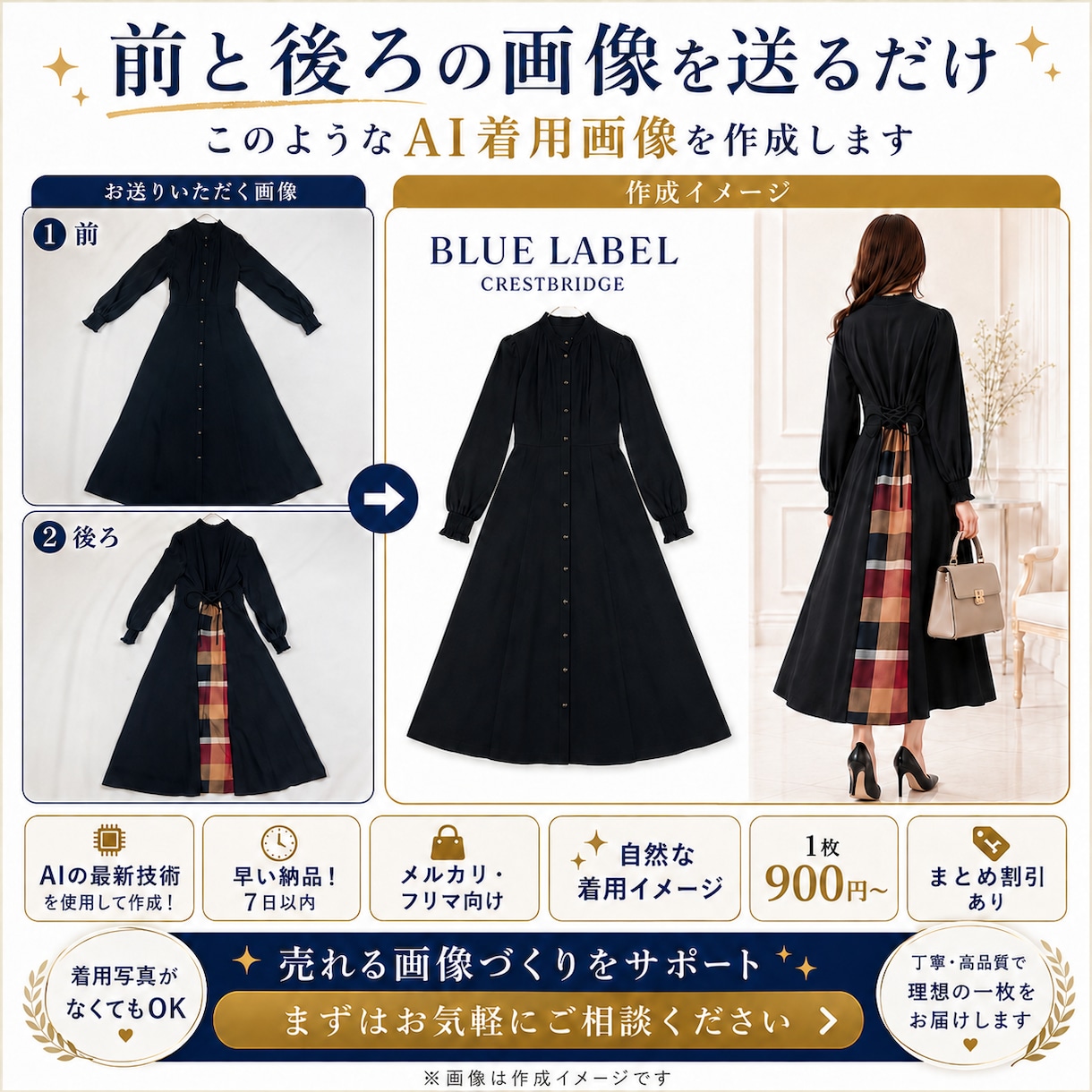 メルカリで売れるAI着用画像作ります 本物と見間違えるAI着用画像でメルカリ出品者の売上を底上げ イメージ1