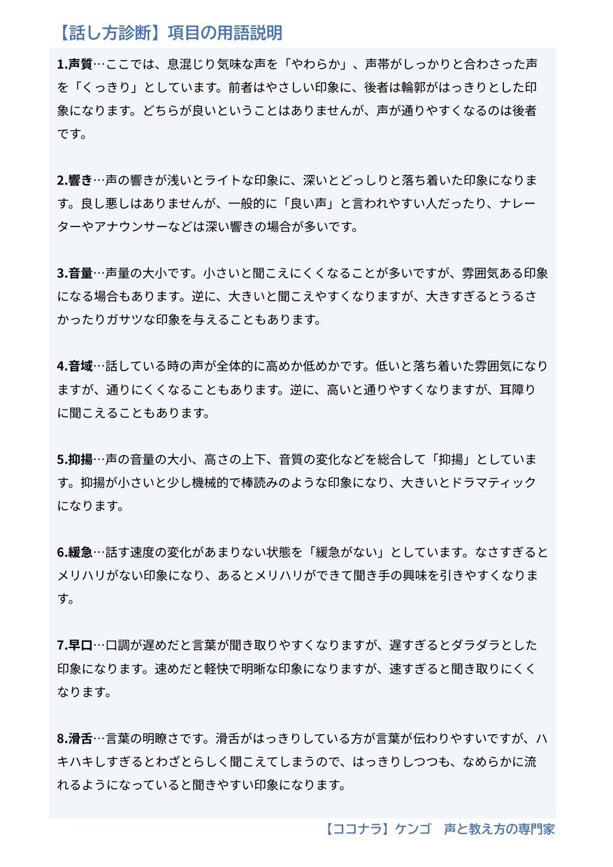 プロがあなたの話し方と声をしっかり分析・診断します 具体的なアドバイス付き診断表をPDFでお渡し！質問もできます イメージ8