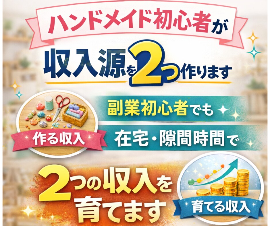 ハンドメイド初心者が簡単に収入源を2つ作ります ➡副業初心者・主婦でも在宅・隙間時間で2つの収入を育てます イメージ1