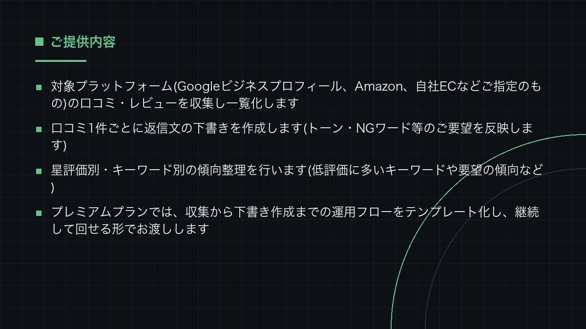 口コミの収集と返信文の下書きを自動化します 店舗・ECの口コミを集め、返信の下書きまで自動で出します イメージ3