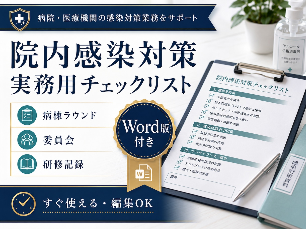 院内感染対策の実務用チェックリストを提供します 病棟ラウンド・委員会・研修記録｜Word版付き イメージ1