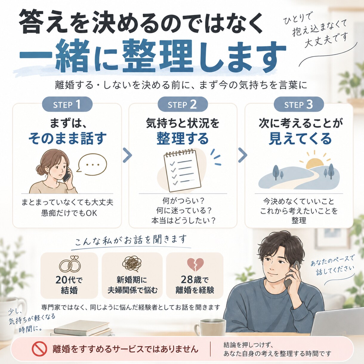 新婚なのに離婚がよぎる方のお話を聞きます 結婚したばかりだからこそ言えない悩みを一緒に整理 イメージ3