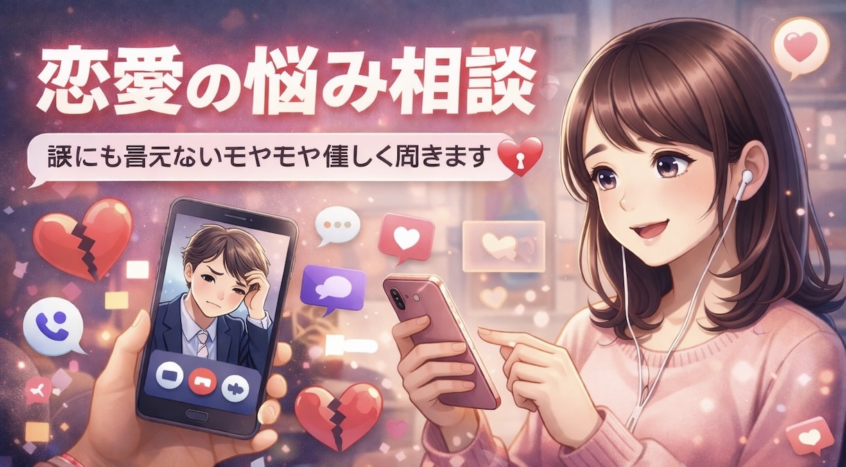 恋愛の悩みやモヤモヤを優しく聞きます 誰にも言えない恋愛の悩みを、否定せず優しくお聞きします。 イメージ1