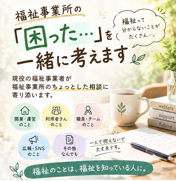 福祉の「困った」を現役の福祉経営者が一緒に考えます 福祉事業所のちょっとした疑問、お聞きします イメージ1