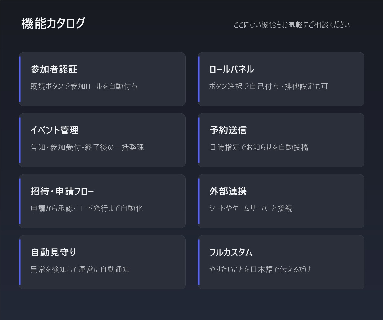 専用Discord Botを最短2日で制作します サーバー運営の手作業を、あなた専用Botが自動化します イメージ2