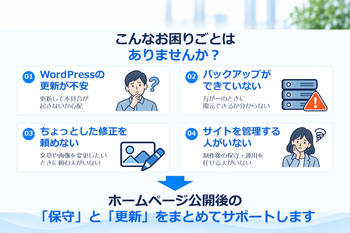 WordPressの保守・運用を月額で支援します 更新・バックアップ・軽微な修正まで継続して対応 イメージ2