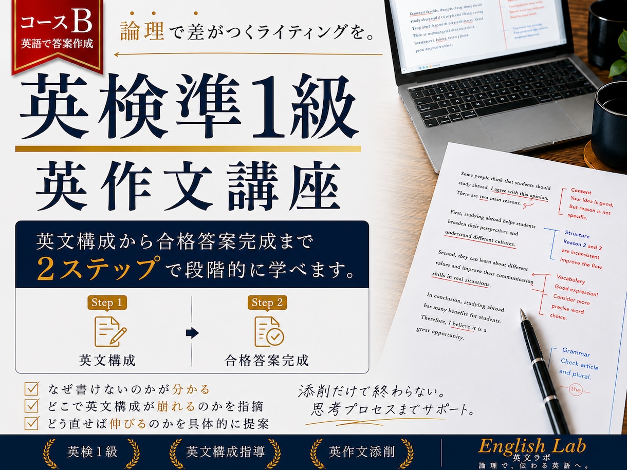 実践講座｜英検準1級英作文 英文構成から学ぺます 英語での論理構成から合格答案完成までの2ステップ イメージ1