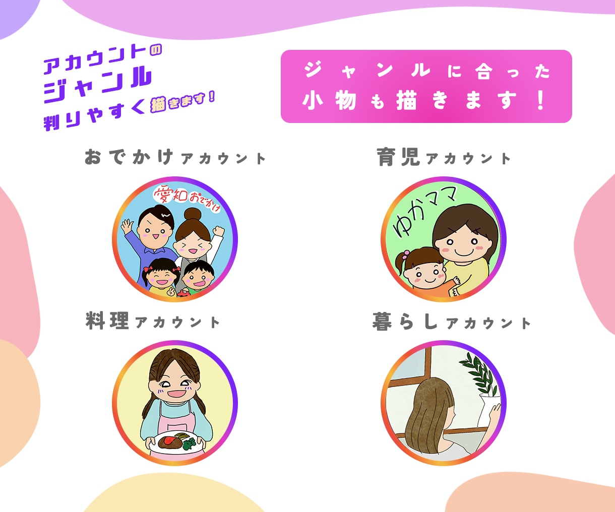 インスタアイコン♪ジャンルがわかるイラスト描きます ジャンルが一目でわかる、あなただけのアイコンを制作します！ イメージ2