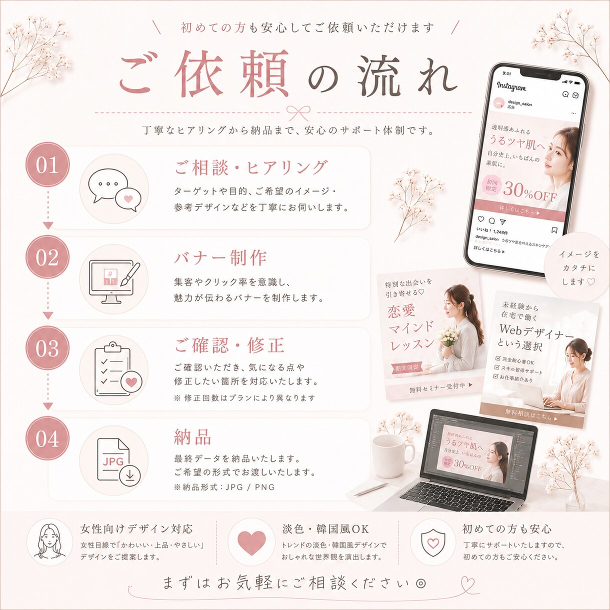女性向けの広告バナー画像を制作します 淡色・韓国風デザインで反応UPをサポート◎ イメージ4