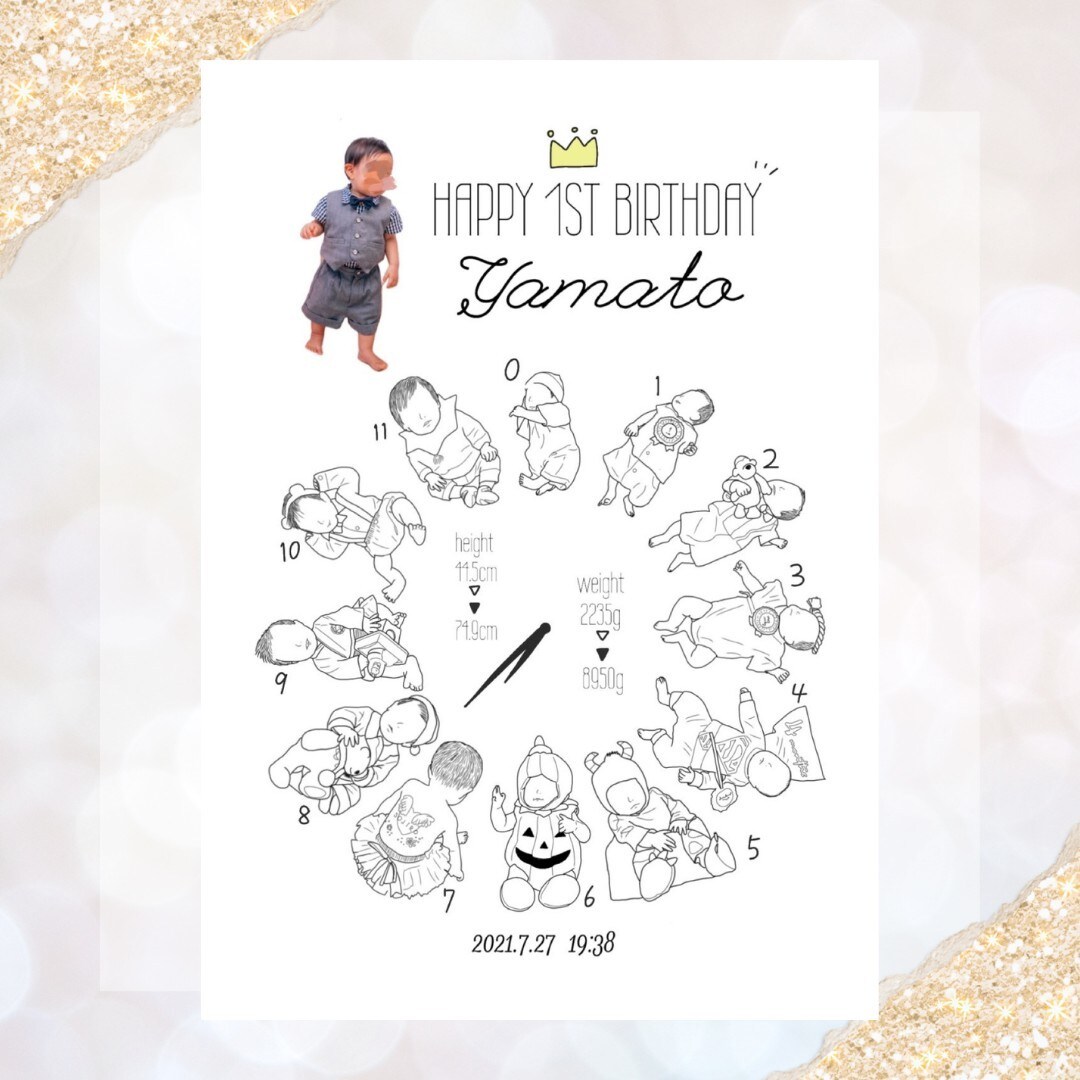 1歳のお誕生日に…世界に一つの成長時計描きます ♡お子様の成長をイラスト時計で残せるオーダーメイド品♪ イメージ4
