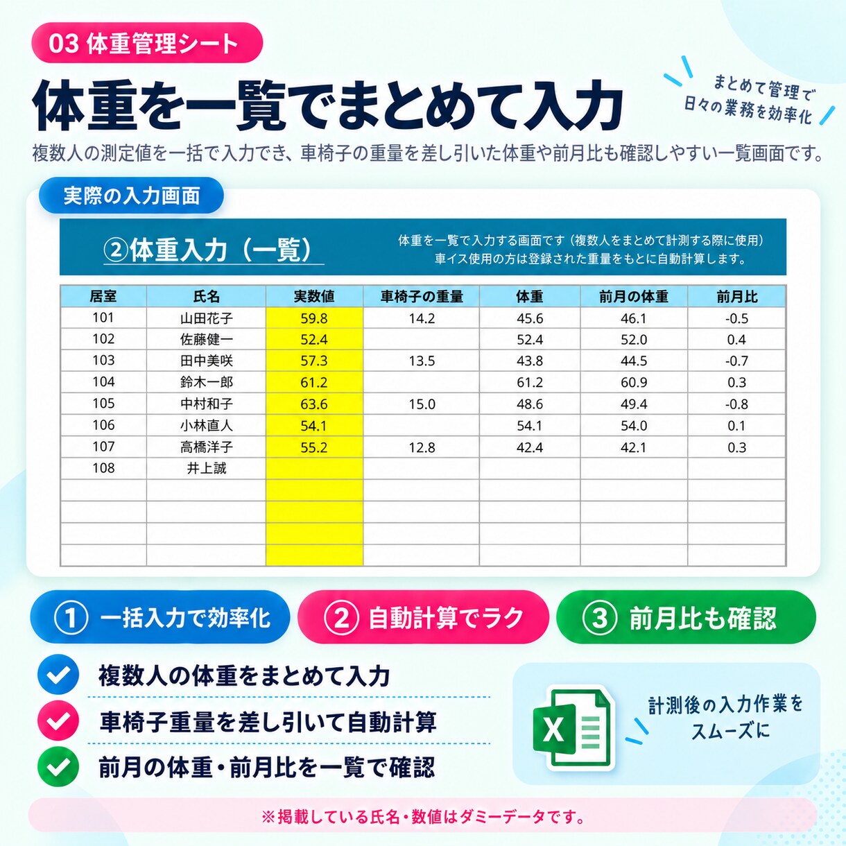 介護施設向け）体重管理Excelを提供します 一覧入力・個別入力・前月比・履歴グラフ・印刷まで自動化 イメージ3
