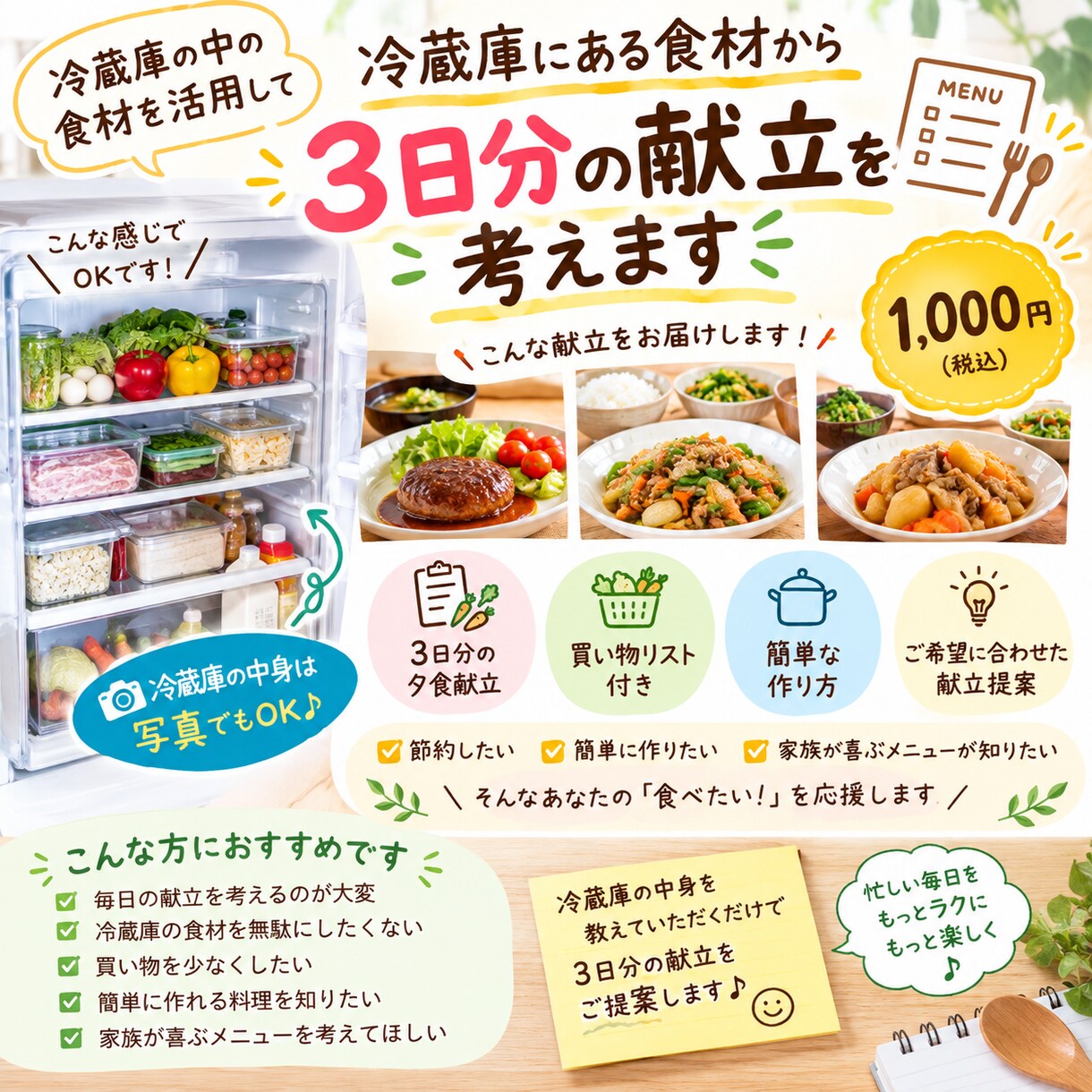 冷蔵庫にある食材から3日分の献立を考えます 家にある食材を活用して、毎日の献立をラクにします イメージ1