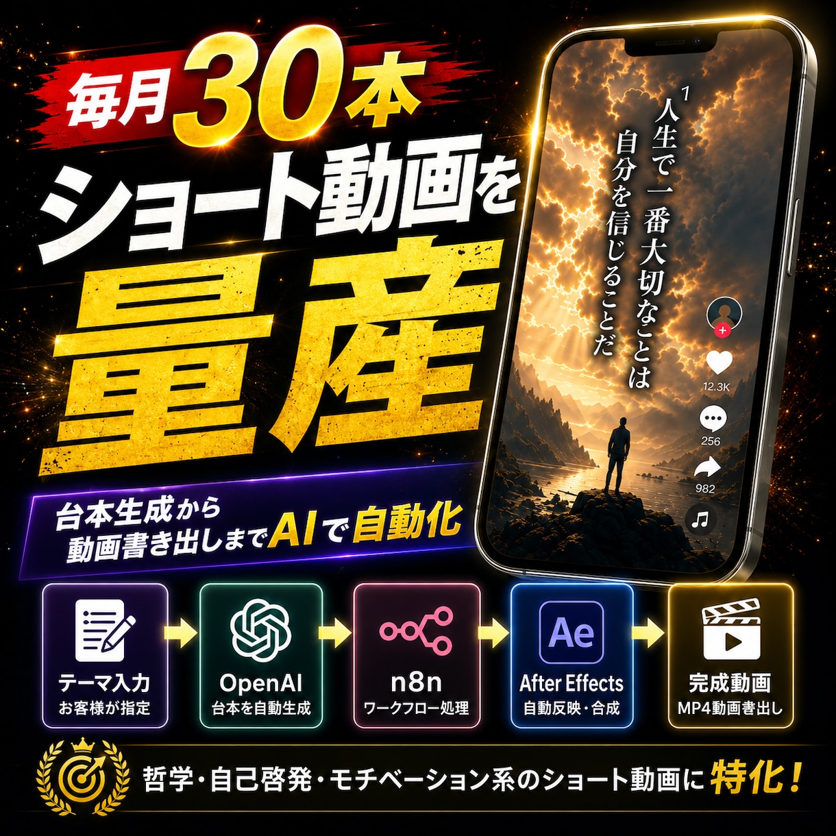 哲学・自己啓発系ショート動画を自動で量産します 台本生成から動画書き出しまで完全自動化します イメージ1