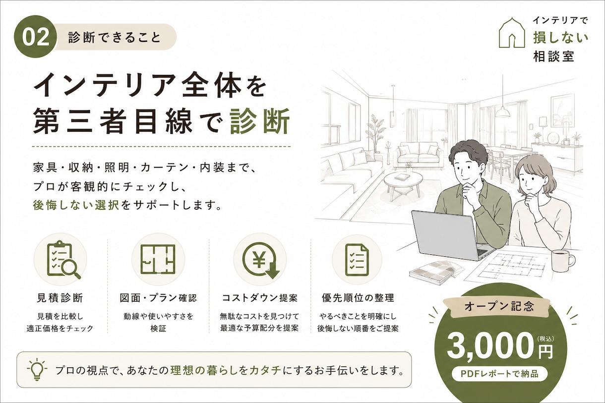 新築・リフォームで損しない！家具や内装を診断します インテリアの見積書・図面・提案内容を第三者目線で診断。 イメージ2