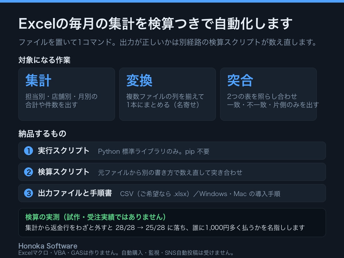 Excelの毎月の集計を検算つきで自動化します 同じ数字が出るか、別経路の検算スクリプトで確かめて渡します イメージ1