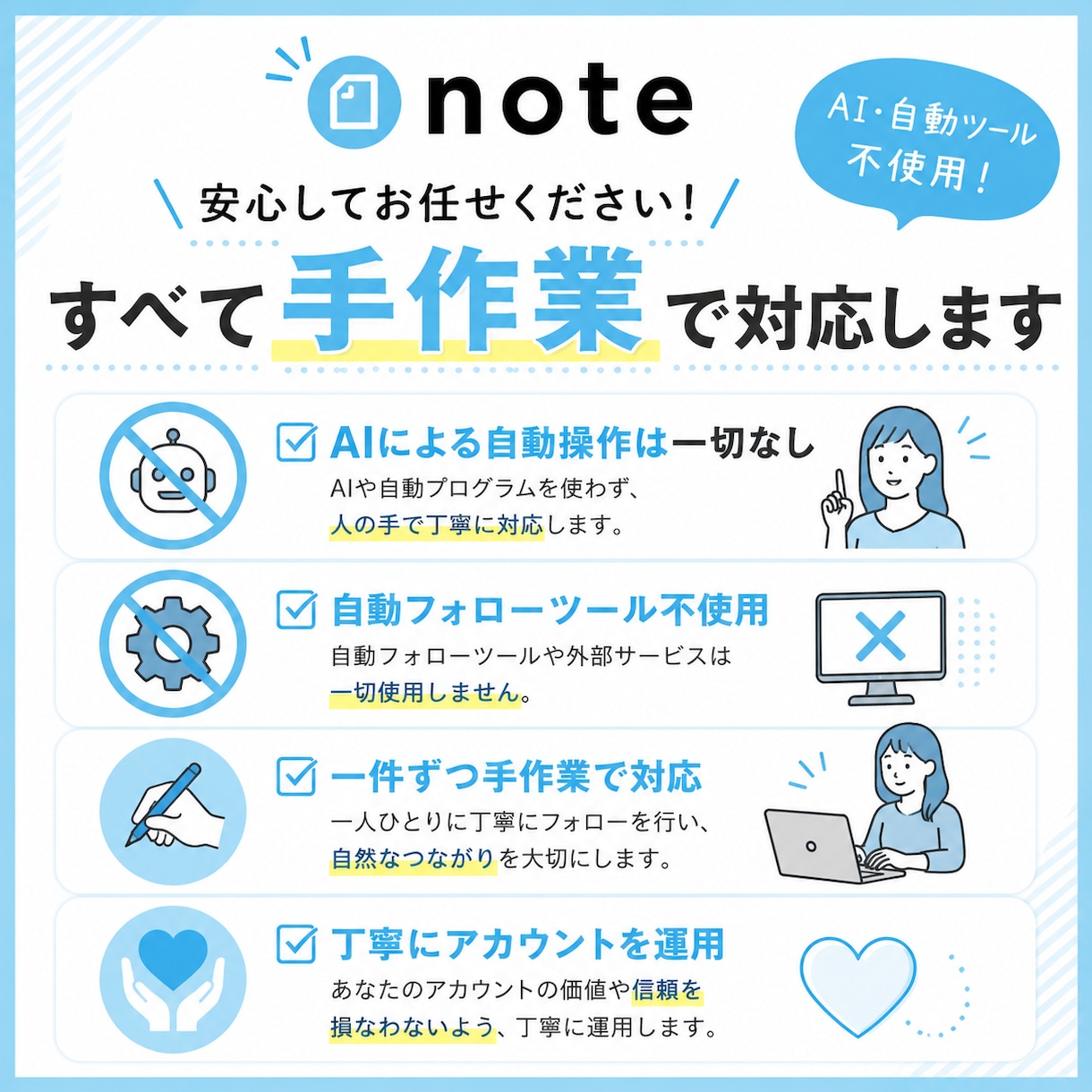 noteのフォロワー増加を手作業でサポートします ツール不使用｜面倒なフォロー作業を一件ずつ手作業で代行します イメージ2