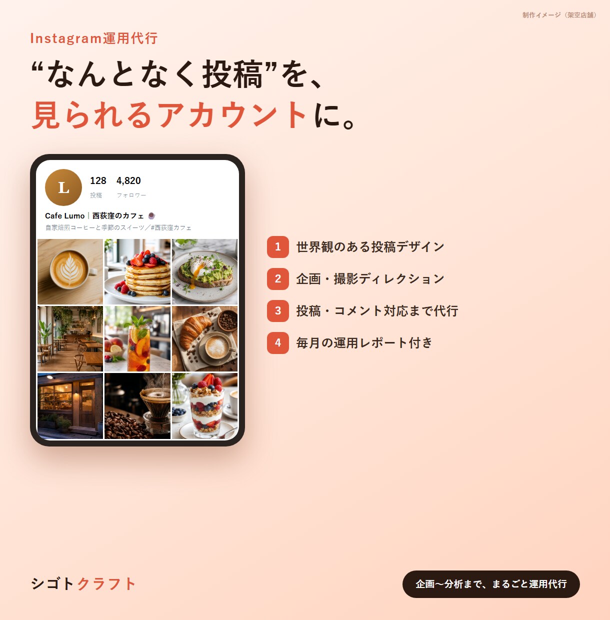 SNSの設計から投稿代行まで対応します 誰に何を届けるかの設計から画像制作・投稿まで イメージ1